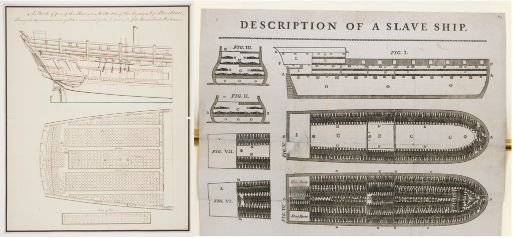 Breadfruit pots aboard the HMS Providence and a diagram of the Brooks slave ship